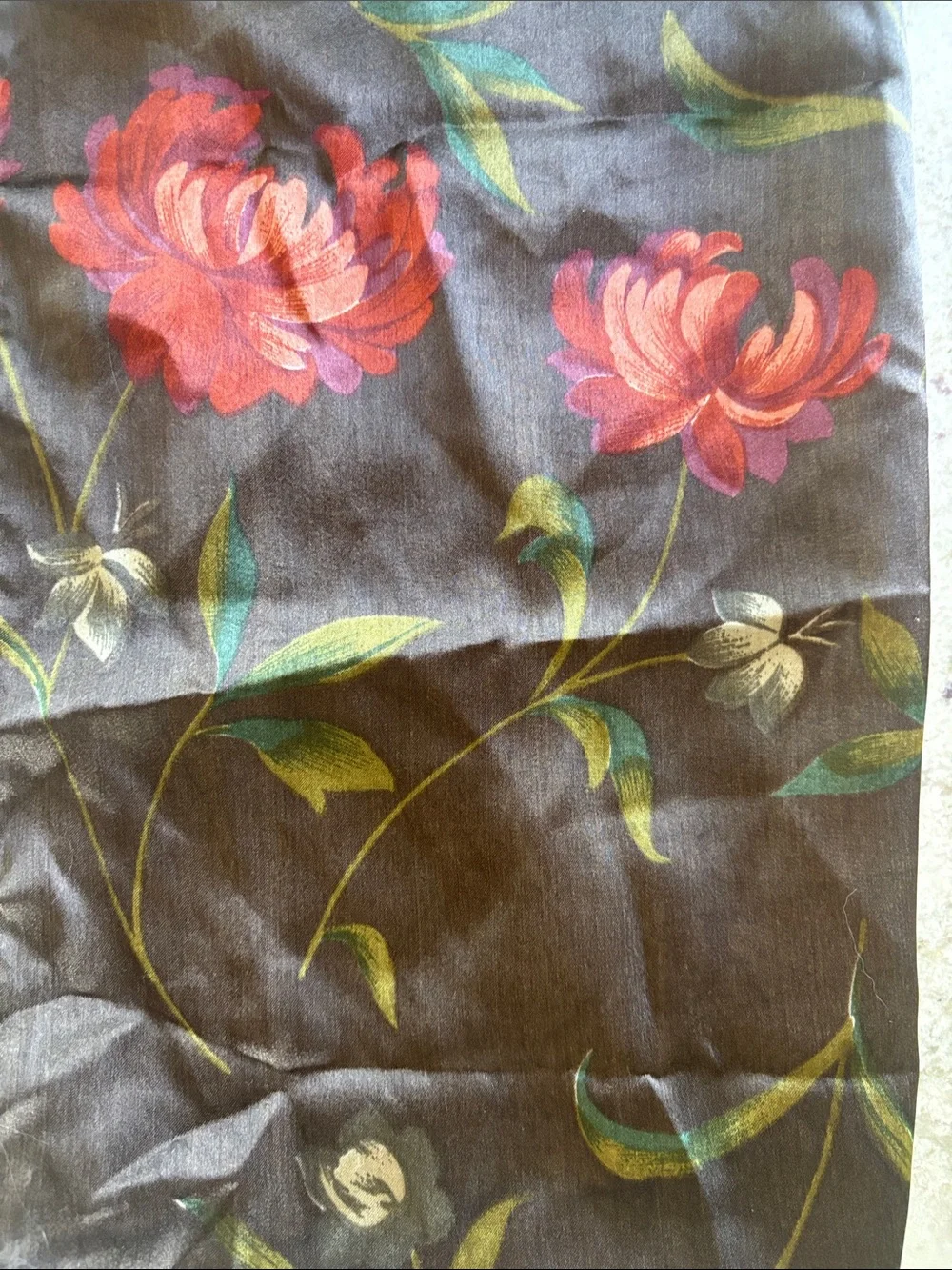OFF LIMITS Vintage-Style Chiffon Floral Scarf – Dark Brown & Red